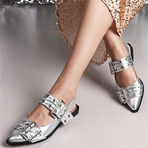 NEW - Women's Buckle Ballet Flats, Wide Welt Stud Slingback, Pointed Toe - Picture 1 of 7